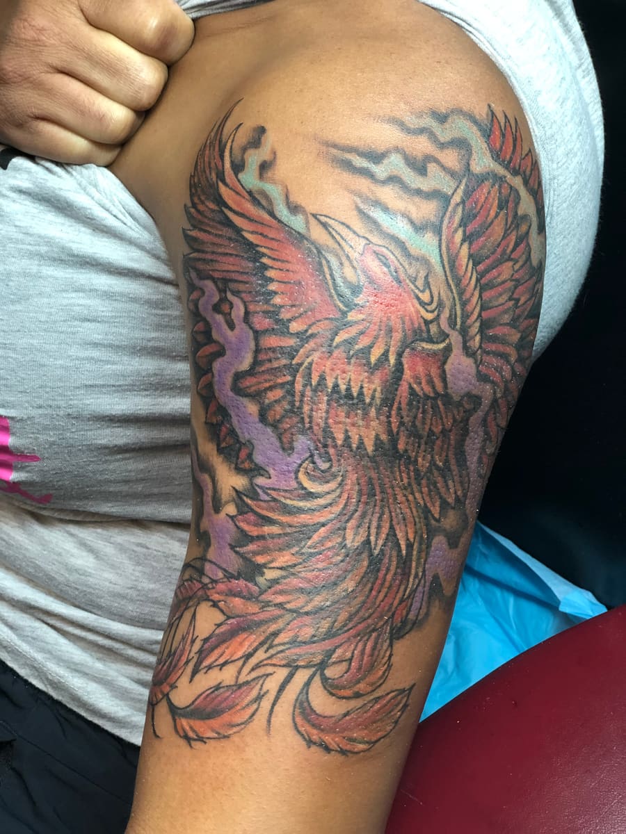 Cover-up after: Full color phoenix · by Ray @ray_tattoos